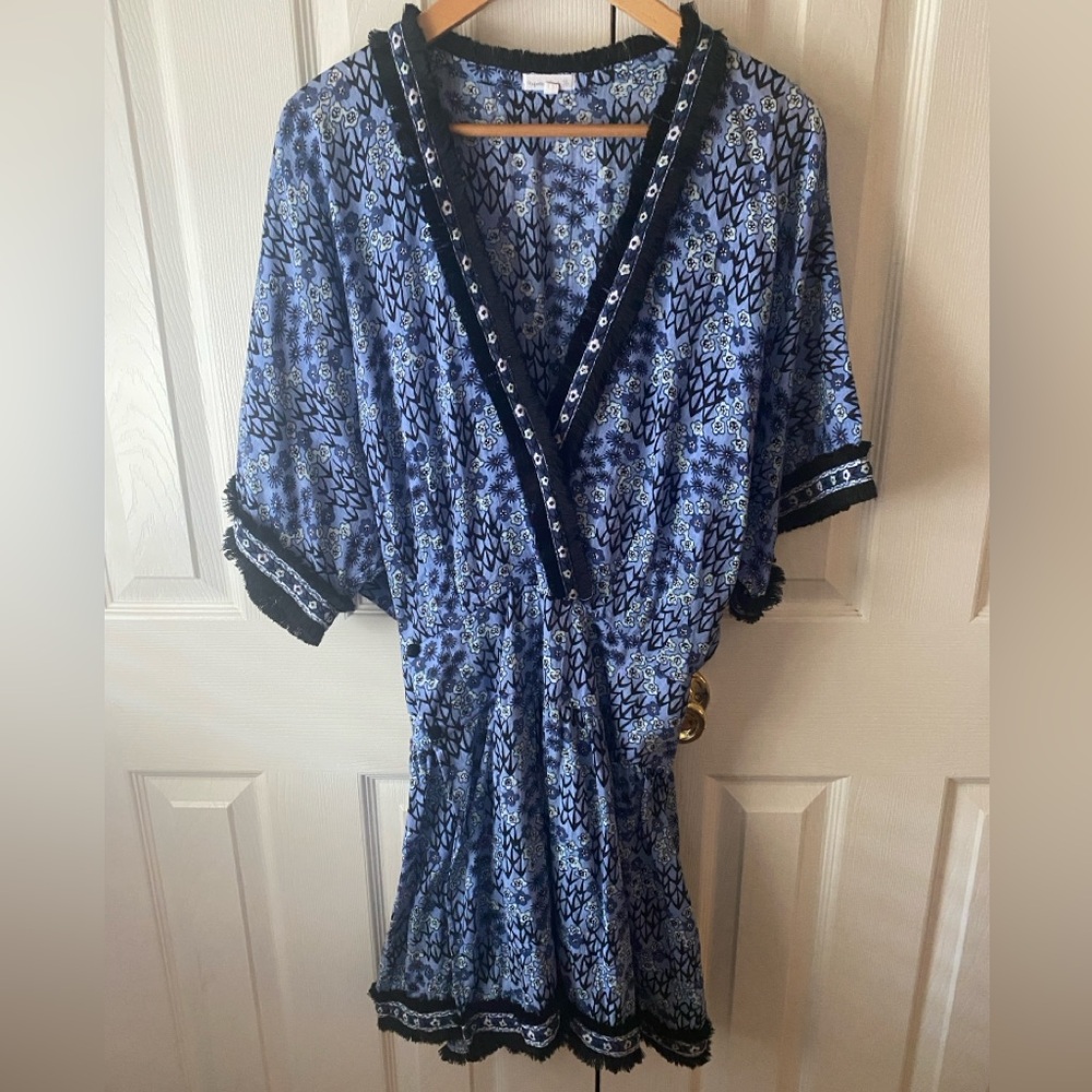 Poupette St Barth Blue Printed Mini Dress with Black Trim
